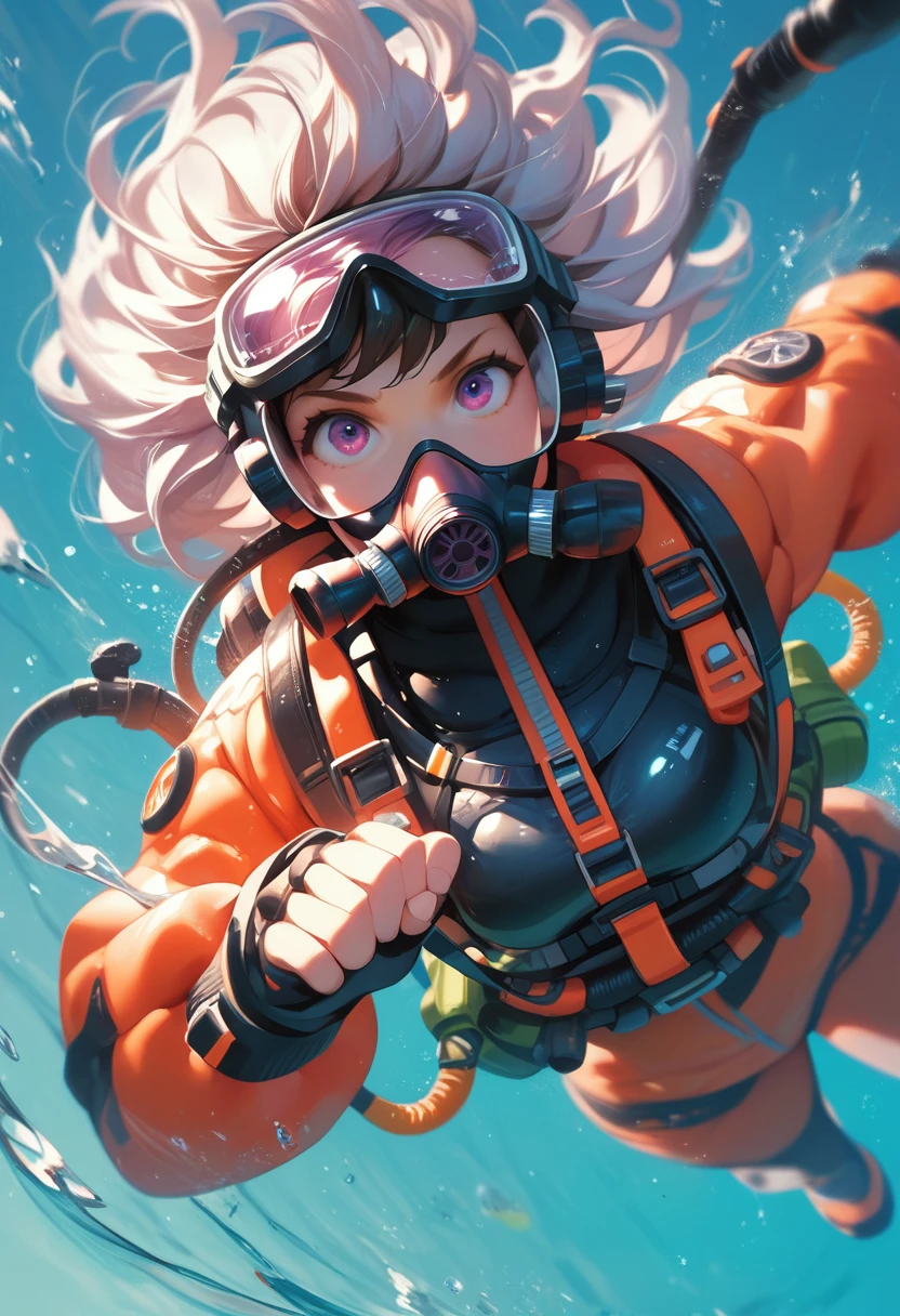 scubagea, diving mask, diving goggles, scuba tank, action pose, best quality, masterpiece, fingers, 1girl, comic style