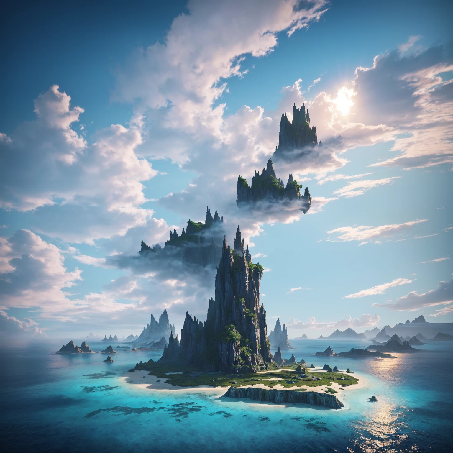 a small island in the ocean, FantasyStyle 8 k octane rendering, Stunning fantasy 3D rendering, flying island in the sky, epic dreamlike fantasy landscape, (octane rendering) FantasyStyle, rendered in cryengine, rendered in redshift,