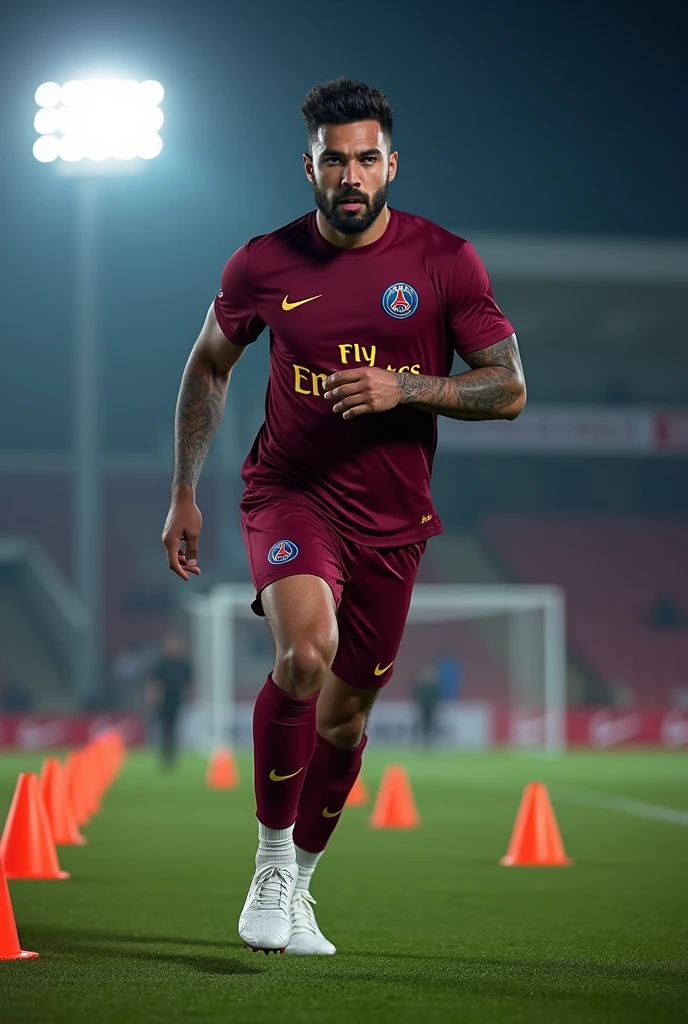 View full body Young Muslim man handsome sexy muscular white skin thick lips athletic body masculine energy and sexy defined chin trimmed beard braid with gradient on the sides colorful tattoo wearing a burgundy PSG training uniform with gold letters and symbols, burgundy shorts and white boots, at the training camp doing an agility course passing through cones. The training takes place at night and the stadium's floodlights illuminate the stage.. Lora style, Photoshoot, 8k