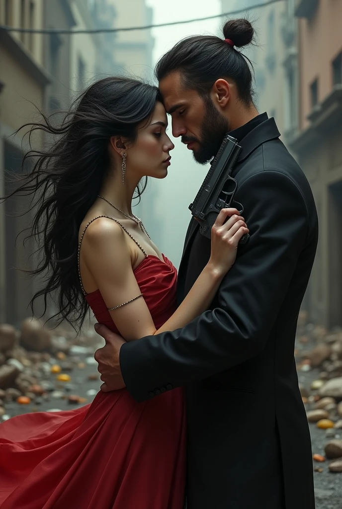 A very white-skinned girl with long black hair, very pretty, wearing a red dress, pointing a gun at a very tall, very handsome, masculine, beardless, black-clad man with a background of chaos and misfortune, and they are looking into each other&#39;s eyes with love and hate. 