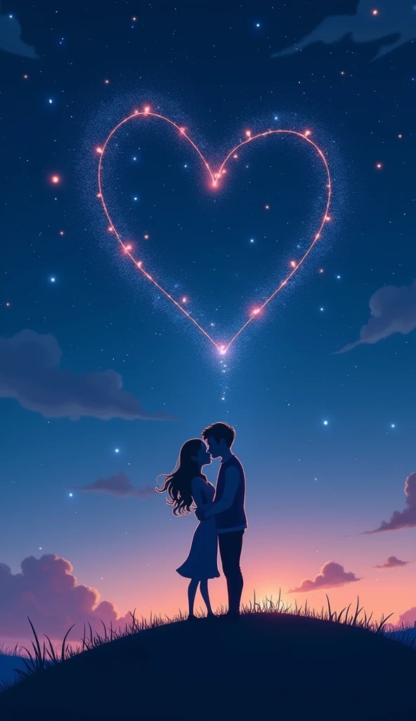 A silhouette of a couple standing on a hill, under a clear, starry night sky. They are holding each other tightly, looking up at the stars. The stars form a constellation that resembles a heart, emphasizing the theme of eternal love. The scene is peaceful, with the night sky symbolizing the vastness and infinity of their love. pixar style cartoon.