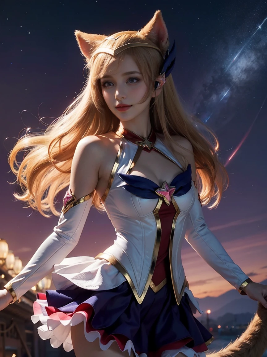 (masterpiece, best quality:1.2), Intricate details, Star Guardian Ahri, 1 Girl, Animal ears, Hair accessories, Separate sleeves, Bare shoulders, skirt, Magical girl, Multi-tail, Blonde Hair, A faint smile