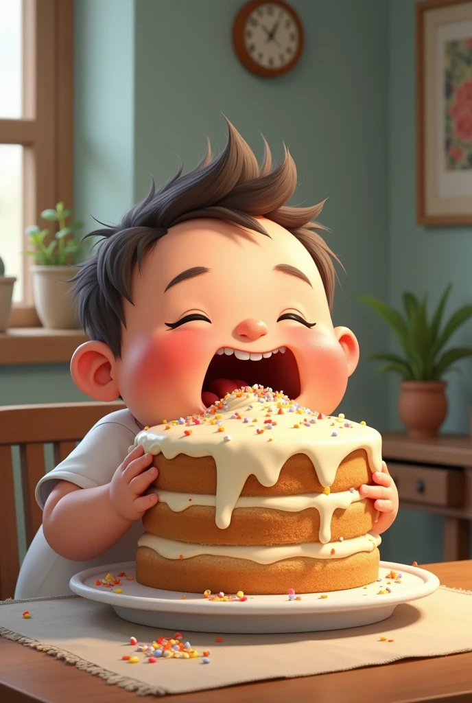 Draw me a picture , chubby boy with big cake