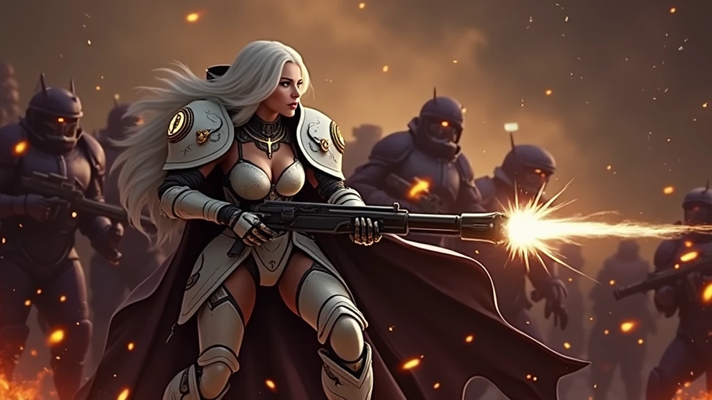 a beautiful woman with long platinum blonde hair, porcelain skin, ice blue eyes, sexy sisters of battle from the warhammer 40k, shooting at the enemy, frosty white space marine armor with intricate details and glowing religous symbols, sisters of battle, Adepta Sororitas, warhammer 40k, Massive silicone breast, pale skin, seductive, temptation, eat your soul, clevage, , standing in a magical winter wonderland with snow-covered trees and frozen lakes, intricate ice crystals and snowflakes surrounding her, (best quality,4k,8k,highres,masterpiece:1.2),ultra-detailed,(realistic,photorealistic,photo-realistic:1.37),fantasy,digital art,cinematic lighting, highly detailed armor, intricate futuristic weaponry, gritty and realistic, mecha, science fiction, hyper-detailed, photorealistic, award winning digital art, 8k, HDR, masters work, in the middle of a battle field, full body combat action pose, explosions and fire around, full war, charging, running forward, attacking, stunning, Stilleto heels, high heels, full body pose, cinematic, dust and debree, combat screams, attacking, shooting at the enemy, sisters of battle, Adepta Sororitas, warhammer 40kdramatic color palette,frozen landscape,ice powers,snow queen