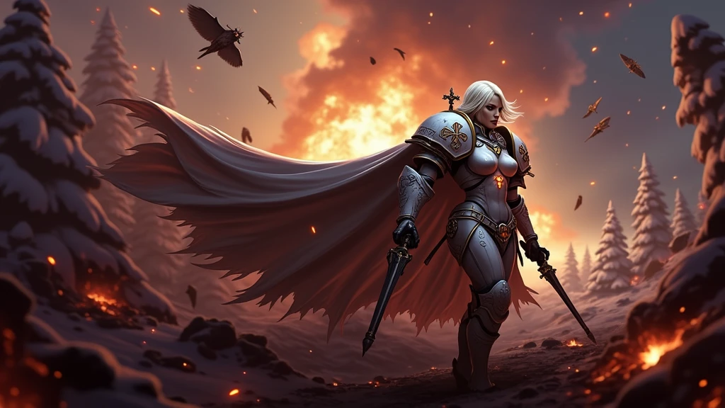 a beautiful woman with long platinum blonde hair, porcelain skin, ice blue eyes, sexy sisters of battle from the warhammer 40k, shooting at the enemy, frosty white space marine armor with intricate details and glowing religous symbols, sisters of battle, Adepta Sororitas, warhammer 40k, Massive silicone breast, pale skin, seductive, temptation, eat your soul, clevage, , standing in a magical winter wonderland with snow-covered trees and frozen lakes, intricate ice crystals and snowflakes surrounding her, (best quality,4k,8k,highres,masterpiece:1.2),ultra-detailed,(realistic,photorealistic,photo-realistic:1.37),fantasy,digital art,cinematic lighting, highly detailed armor, intricate futuristic weaponry, gritty and realistic, mecha, science fiction, hyper-detailed, photorealistic, award winning digital art, 8k, HDR, masters work, in the middle of a battle field, full body combat action pose, explosions and fire around, full war, charging, running forward, attacking, stunning, Stilleto heels, high heels, full body pose, cinematic, dust and debree, combat screams, attacking, shooting at the enemy, sisters of battle, Adepta Sororitas, warhammer 40kdramatic color palette,frozen landscape,ice powers,snow queen