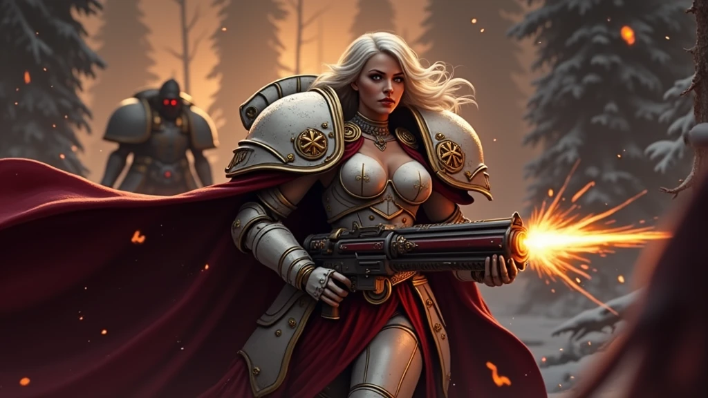 a beautiful woman with long platinum blonde hair, porcelain skin, ice blue eyes, sexy sisters of battle from the warhammer 40k, shooting at the enemy, frosty white space marine armor with intricate details and glowing religous symbols, sisters of battle, Adepta Sororitas, warhammer 40k, Massive silicone breast, pale skin, seductive, temptation, eat your soul, clevage, , standing in a magical winter wonderland with snow-covered trees and frozen lakes, intricate ice crystals and snowflakes surrounding her, (best quality,4k,8k,highres,masterpiece:1.2),ultra-detailed,(realistic,photorealistic,photo-realistic:1.37),fantasy,digital art,cinematic lighting, highly detailed armor, intricate futuristic weaponry, gritty and realistic, mecha, science fiction, hyper-detailed, photorealistic, award winning digital art, 8k, HDR, masters work, in the middle of a battle field, full body combat action pose, explosions and fire around, full war, charging, running forward, attacking, stunning, Stilleto heels, high heels, full body pose, cinematic, dust and debree, combat screams, attacking, shooting at the enemy, sisters of battle, Adepta Sororitas, warhammer 40kdramatic color palette,frozen landscape,ice powers,snow queen