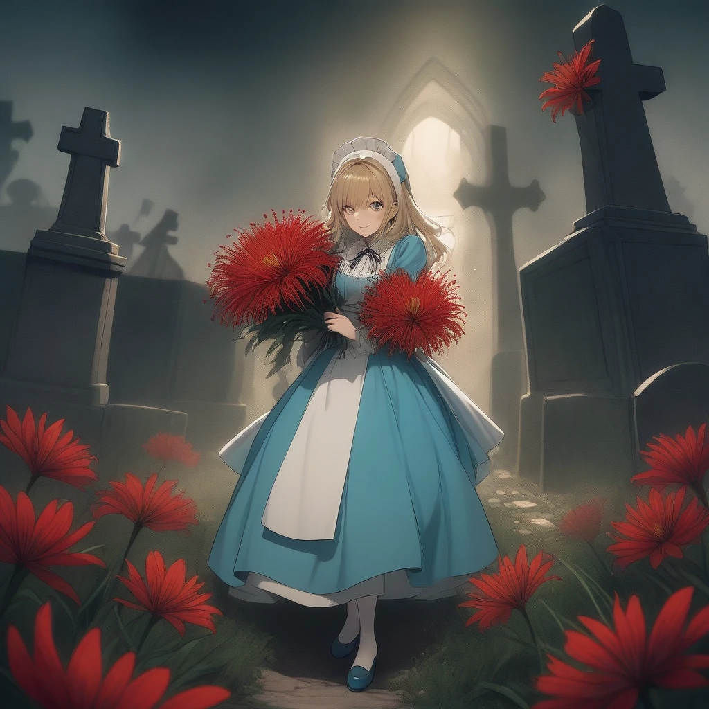 A masterpiece, boldly drawn anime-style illustrations, detailed drawings, humorous and crazy, cinematic lighting, a cemetery, Alice, the heroine of "Alice in Wonderland", visiting a grave, holding a bouquet of red spider lilies in both hands. An invincible smile, even the dead are delighted.