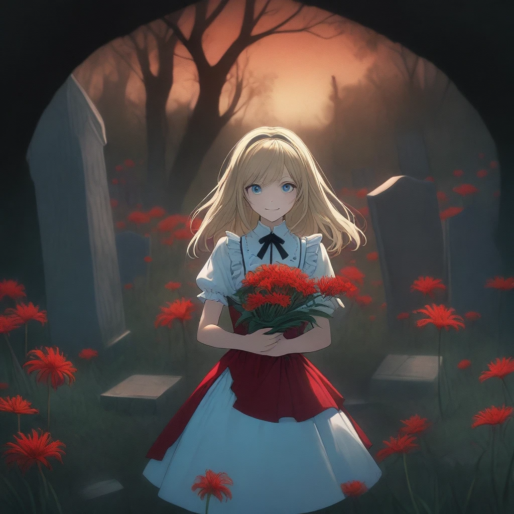 A masterpiece, boldly drawn anime-style illustrations, detailed drawings, humorous and crazy, cinematic lighting, a cemetery, Alice, the heroine of "Alice in Wonderland", visiting a grave, holding a bouquet of red spider lilies in both hands. An invincible smile, even the dead are delighted.