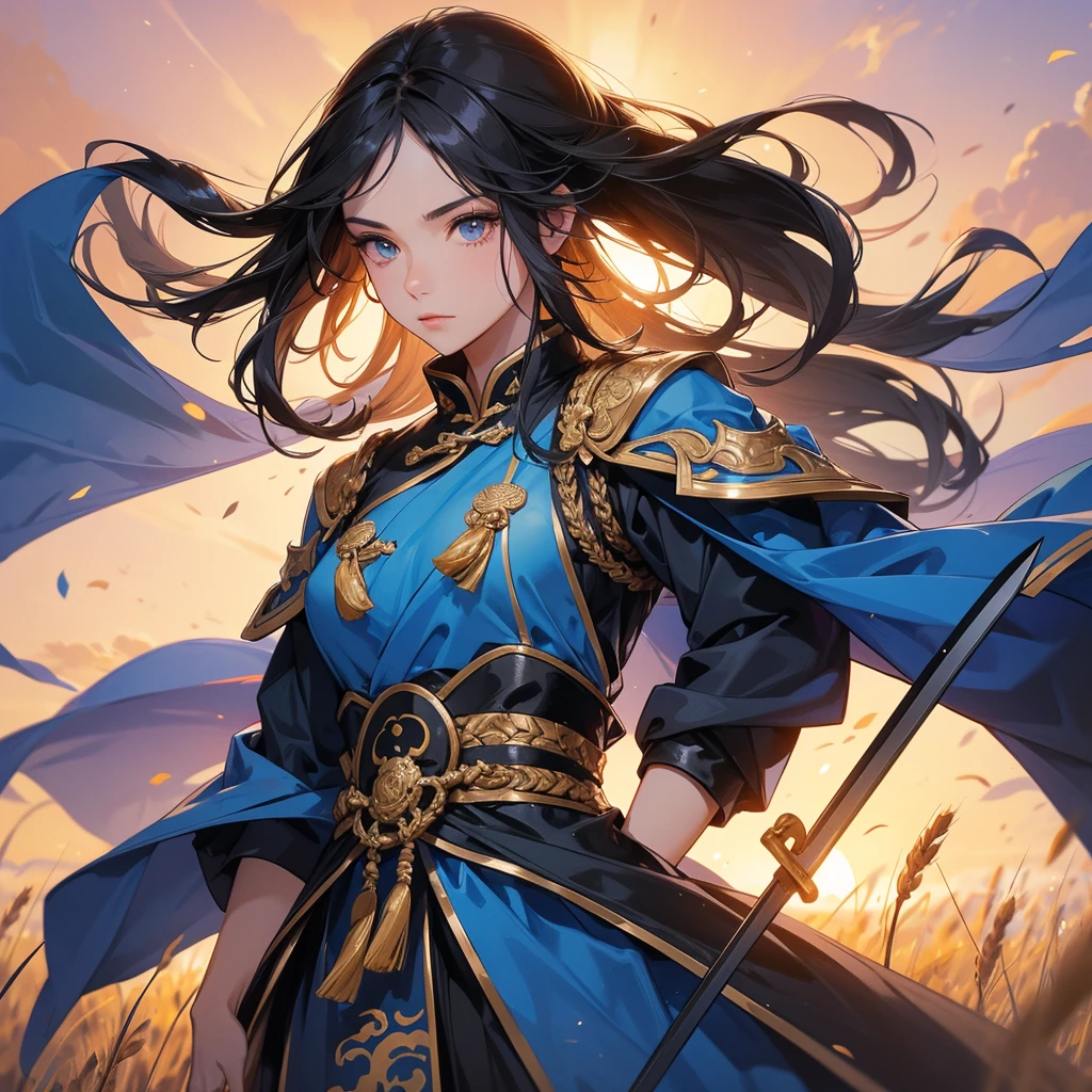 beautiful woman black-haired male general holding a large sword in blue ancient Chinese general costume, Standing in the middle of wheat field, sunset, close up.