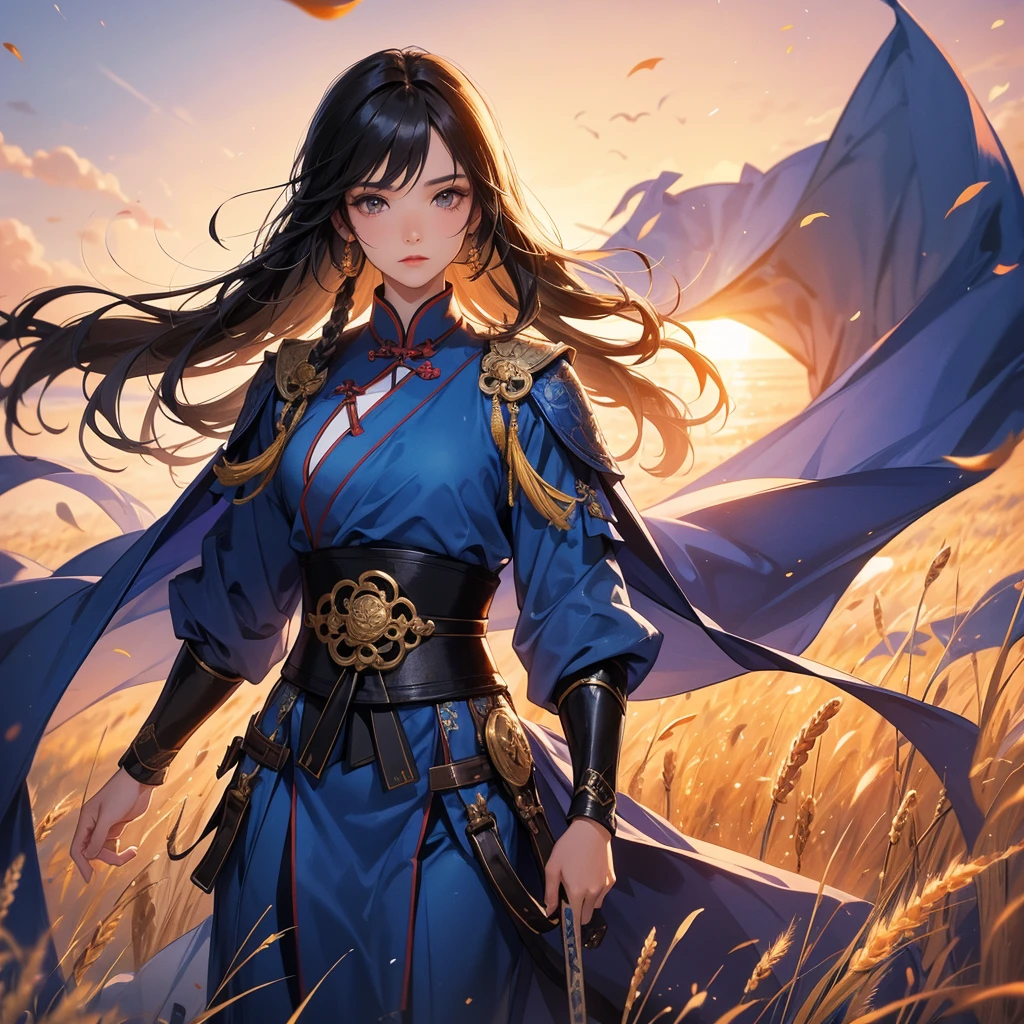 beautiful woman black-haired male general holding a large sword in blue ancient Chinese general costume, Standing in the middle of wheat field, sunset, close up.