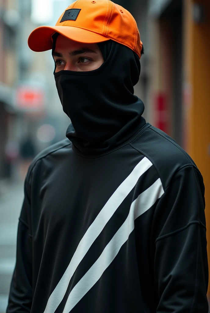 Orange cap black mask black shirt with white stripes