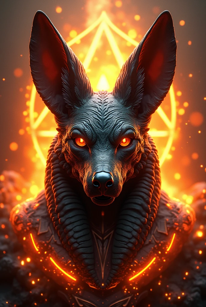 ((best qualityer)), ((work of art)), (detailded), epic gamer style image , 1 anubis on fire , estilo dragao. Anubis must have a bust image,  because it will be used for the brand logo, Anubia&#39;s vision has to be frontal. There must be the Anubis symbol in the background. 