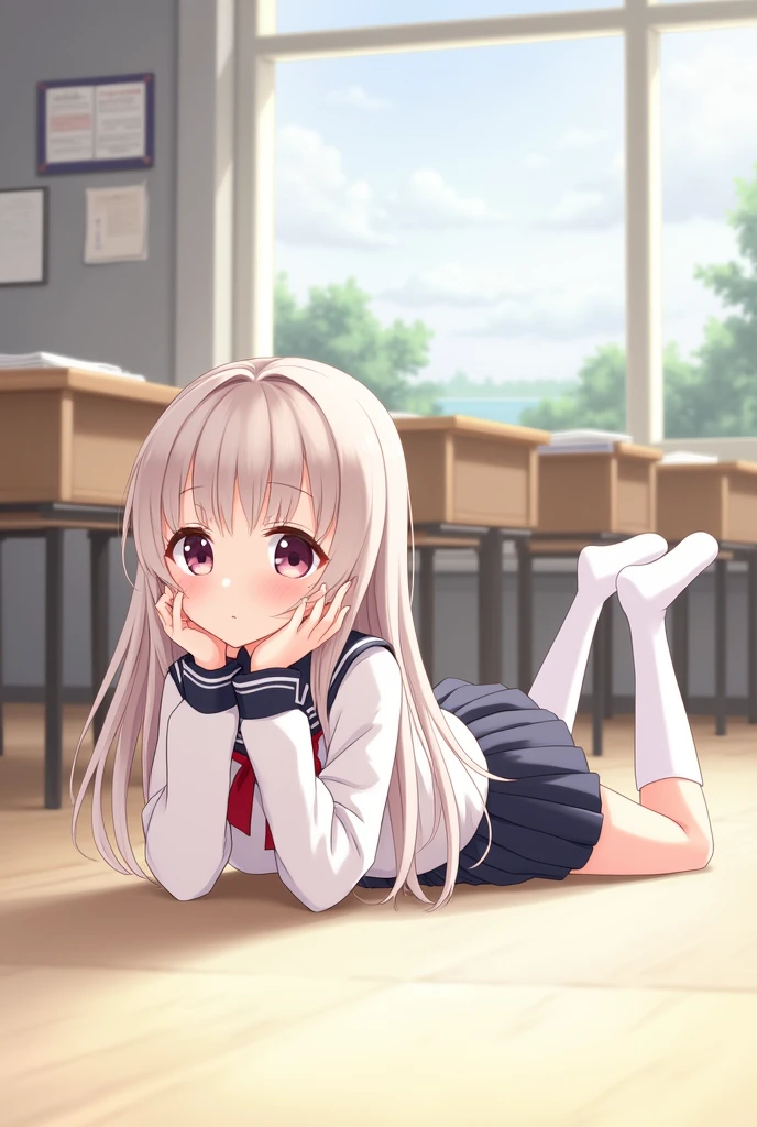 anime girl in school uniform lying on her stomach on floor