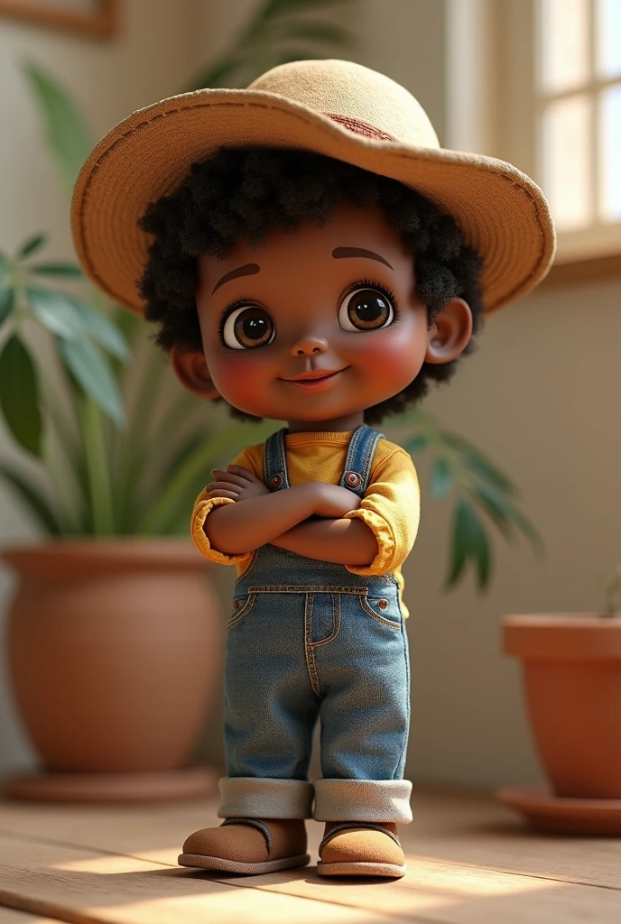 cute doll, with a country hat ,dark-skinned,blinking the eye, of crossed arms