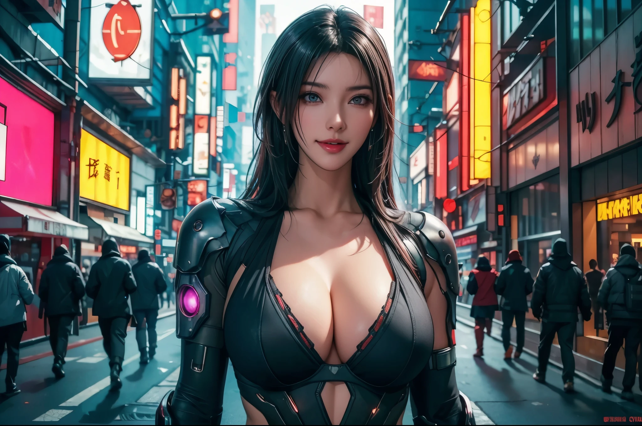 (cyberpunk world war 3), (RAW photo), (Realistic), (photo-realistic), ultra high resolution, masterpiece, highest quality, perfect lighting, detailed lighting, dramatic shadow, ray tracing, one Japanese beautiful girl, ((solo:1.2)), Voluptuous body, cleavage, symmetrical eyes, (((beautiful detailed eyes))), chubby lips, red lips, Super high resolution perfect beautiful teeth, big tits, big ass, big thick thighs, long straight hair, black hair, earrings, half open mouth, smiling, looking at viewer, (cyberpunk combat suit:1.2), upper body shot, cyberpunk street, night, neon lights,