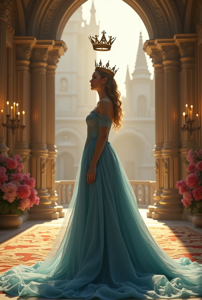 Woman in blue dress about to be crowned in a beautiful castle 
