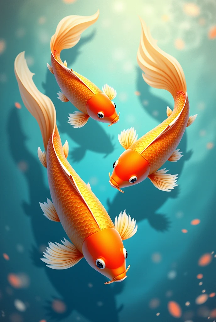 3 blue golden koi fish, with tassel tail, simall body big tail, anime style