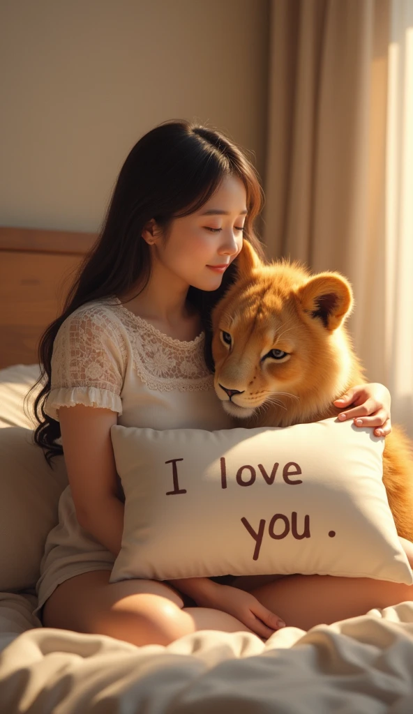 A Japanese woman wearing a lace T-shirt sitting on the bed, Holding a big pillow,It says "I love you" It says, She has a plump figure, But not naked,Looking at the audience, full-body shot, A lion sitting next to him,Affectionate smile looking at the lion,Hyperrealism,Movie Lighting, glow,32K