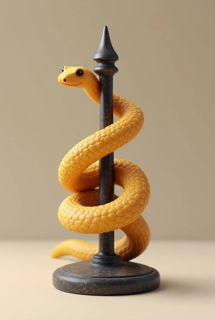 Create a 3d image for a logo, containing a thin snake, small and harmless with smooth, ochre-yellow skin, loosely wound on a rustic, traditional wool spinning spindle that is thin, long, black in color and has an arrow shape at its upper end