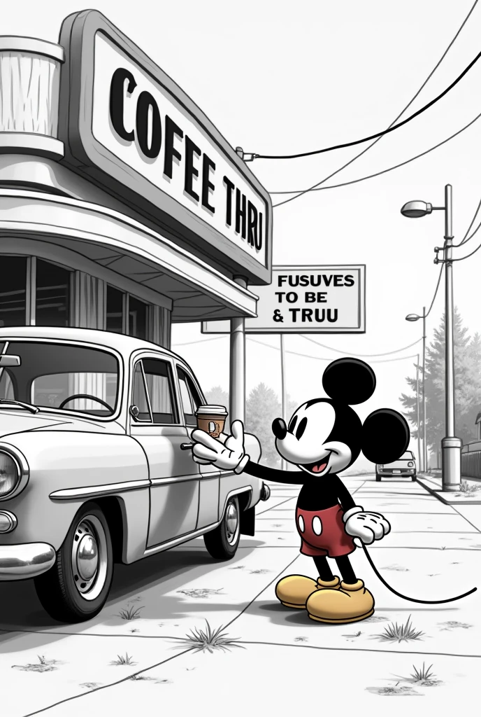 Draw Mickey picking up his coffee from a coffee shop with a drive-thru in black and white 