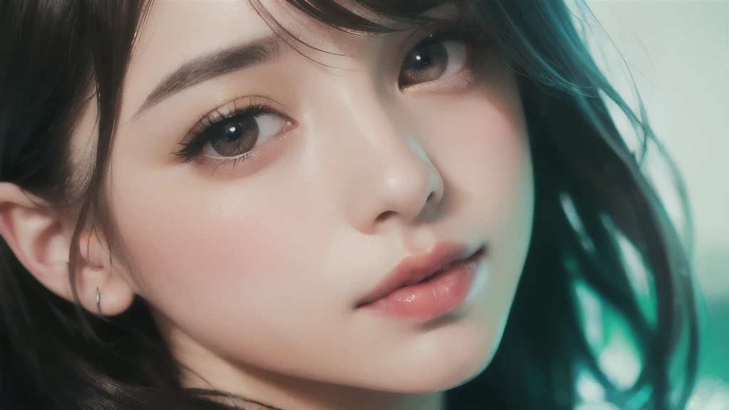 (8k, RAW Photos, Realistic:1.25) ,( Lip gloss, eyelash, Shiny surface, Glowing Skin, Highest quality, Ultra-high resolution, Depth of written boundary, chromatic aberration, Caustics, Wide lighting, Natural Shading,K-Pop Idols) She gazes upon the viewer with a calm, goddess-like happiness.,