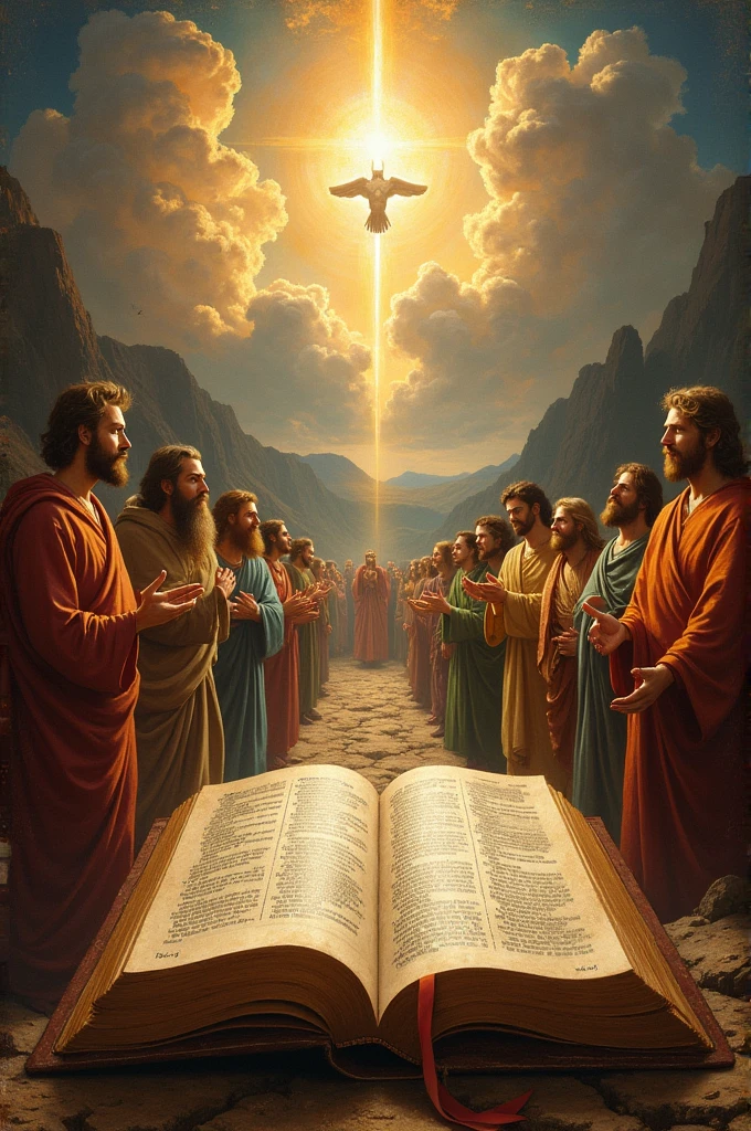 The painting is divided into two main parts, representing the Old and New Testaments of the Bible. in the center of the composition, an open Bible serves as a focal point, with its visibly detailed pages, symbolizing the continuity between the two testaments.

Left Side - Old Testament: On this side, the image depicts emblematic scenes and important figures from the Old Testament. Elements such as Moses receiving the Tablets of the Law on Mount Sinai may be included., the Ark of the Covenant and figures such as David and Solomon in their respective scenes. The style is realistic, with historical and symbolic details that highlight the antiquity and depth of the narratives.

Right Side - New Testament: The right side presents central scenes and figures from the New Testament.. This may include the birth of Jesus., the Sermon on the Mount, and the crucifixion and resurrection of Christ. Images of apostles and early Christians may be present, all represented realistically to emphasize the importance of the events.

The transition between the two sides of the painting is smooth, symbolizing the connection between the Testaments, with the Bible in the center as the link that unites these two sacred parts. The painting style is somewhat realistic, capturing the essence of scenes and characters with a touch of reverence and historical detail.
