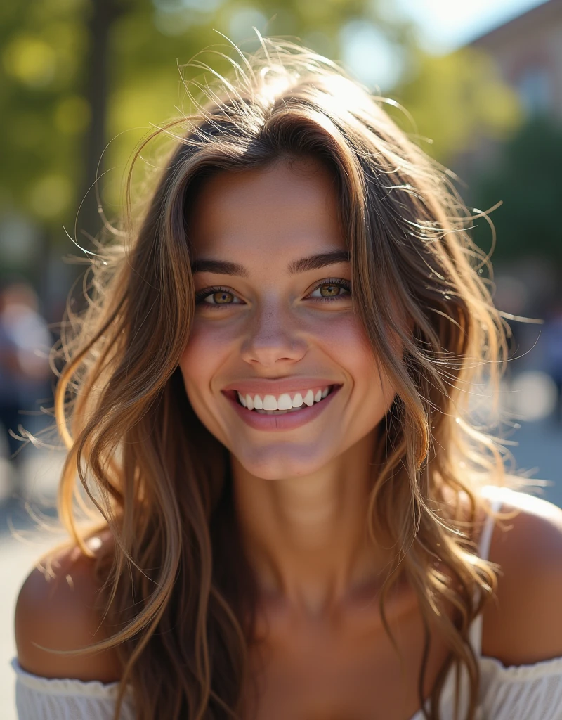 (On a table, Best quality at best, realistically, ultra - detailed, meticulous, A high resolution, 8k wallpaper), Close-up portrait of a beautiful woman, Love, Smiling, light brown messy hair, Perfect dynamic composition, Beautiful and meticulous eyes, Just like the cover of a fashion magazine, On campus