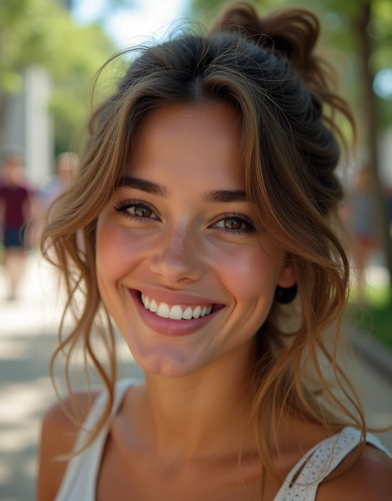 (On a table, Best quality at best, realistically, ultra - detailed, meticulous, A high resolution, 8k wallpaper), Close-up portrait of a beautiful woman, Love, Smiling, light brown messy hair, Perfect dynamic composition, Beautiful and meticulous eyes, Just like the cover of a fashion magazine, On campus