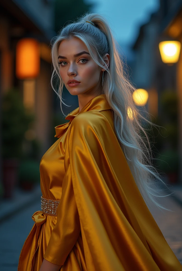 (RAW Photo) , (highly detailed:1.20) , ultra realistic :1.10) ,sexy girl in her 20s , (perfect face:1.20) , (detailed red pupils :1.20) , with long silver hair in ponytail , (((long gold satin cloak tied at the neck with a ribbon :1.20))) , maxi skirt , full body, walking down street at night , high-quality ultra realistic style, detailed eyes, professional, expressive , 8K , highly detailed , professional,