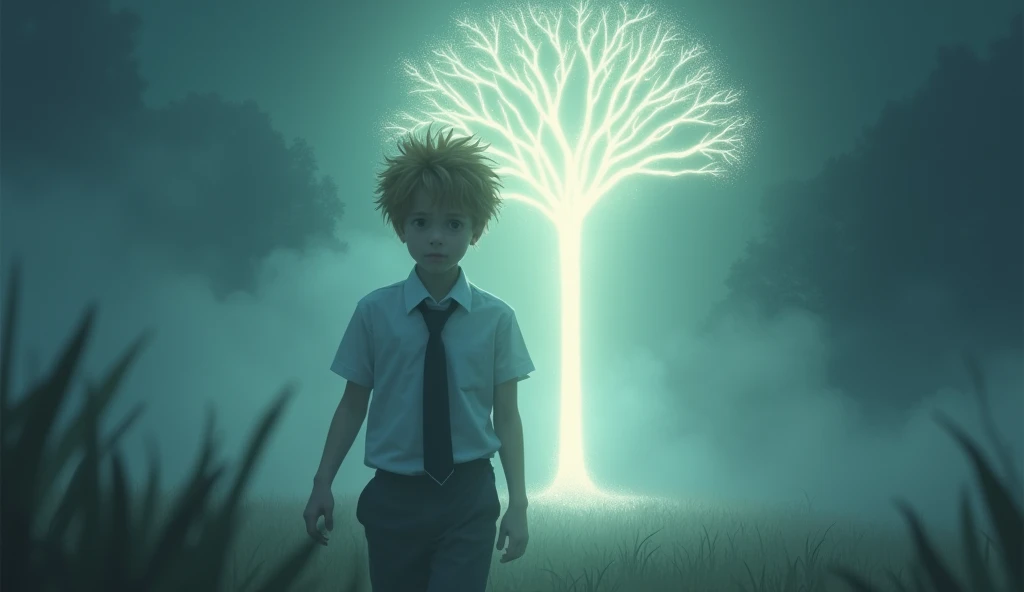 A beam of light pierces the fog, leading The teenager boy with a bright mop of unruly, sandy brown hair. He is wearing a crisp, school uniform with a white shirt and a black tie. towards the glowing tree. The light grows brighter as he approaches.