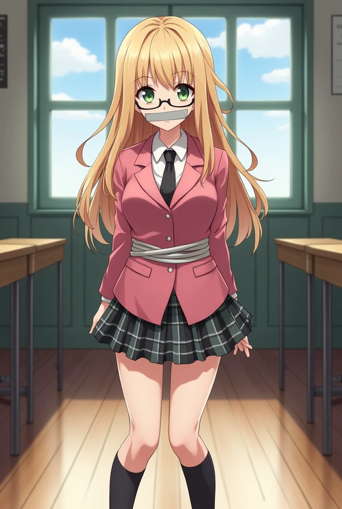 rebeccahawkins, green eyes, blonde hair, long hair,  ahoge, bangs, flat chest glasses, school uniform, necktie, pink jacket, plaid skirt, skirt, short skirt, zettai ryouiki, embarrassed, tape, tape gag, gagged, tied, tied up, , tied wrists, hands behind back, tied ankles, tied arms to the body, tied legs, tied ankles, full body photo