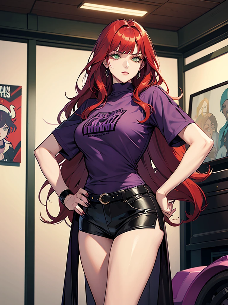 green eyes, red hair with long bangs, noble. wavy long hair. strong woman. she quiet. wear purple and black t shirt. dominant woman. mafia. mature woman. girl boss. badass woman. gangster. hair so long have bangs. gangster