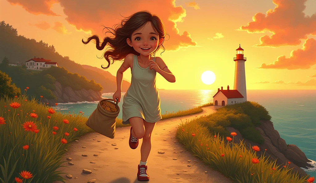 Character Description: Lily is now full of excitement and pride, her braid flying behind her as she runs. Her dress is slightly worn but still clean, and her face is bright with joy. Her eyes reflect her sense of accomplishment and the lessons she has learned
Prompt: A vintage-style illustration of Lily running along the path back to the lighthouse, holding a small pouch filled with coins. The sun is setting, casting a golden light over the village and the sea. The lighthouse stands tall in the distance, its light beginning to shine as night falls. Lily’s expression is one of pure joy and excitement as she hurries to tell her father about her success