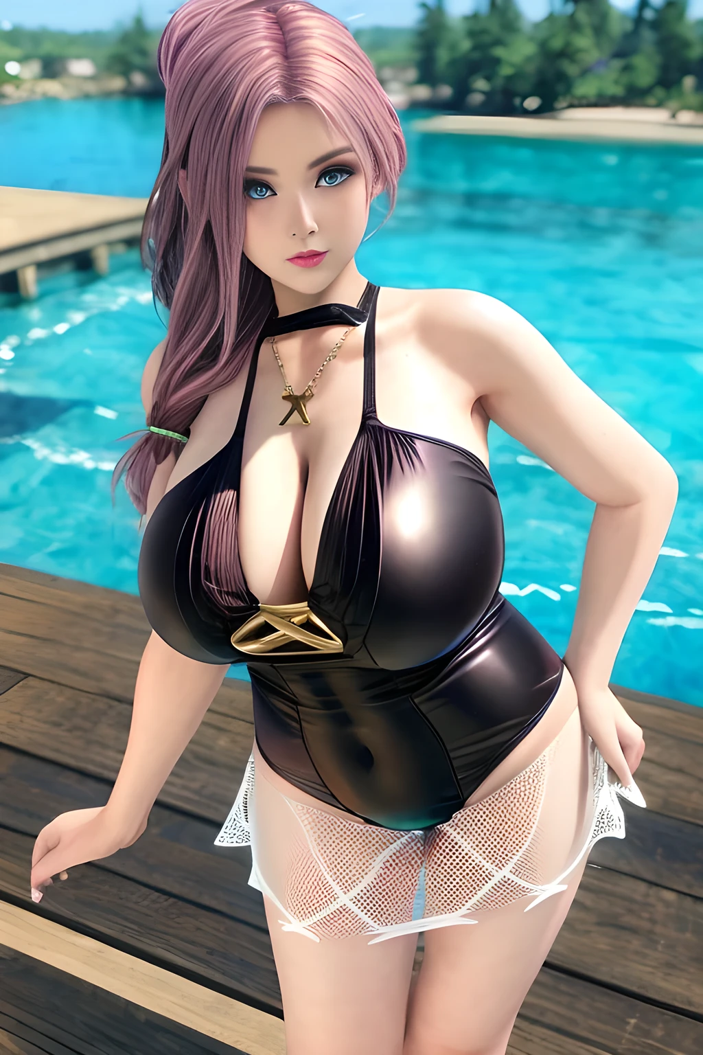 1girl ,BREAK ( fashionable Fishingnet swimsuit:1.3), the upper part of her swimsuit is white with black edges and designed into a cross-V-neck style. The lower part is black, showing a pleated design and the skirt is slightly flared. The overall style looks sexy and fashionable. ,, huge breasts,mature women, (masterpiece), best quality,elise