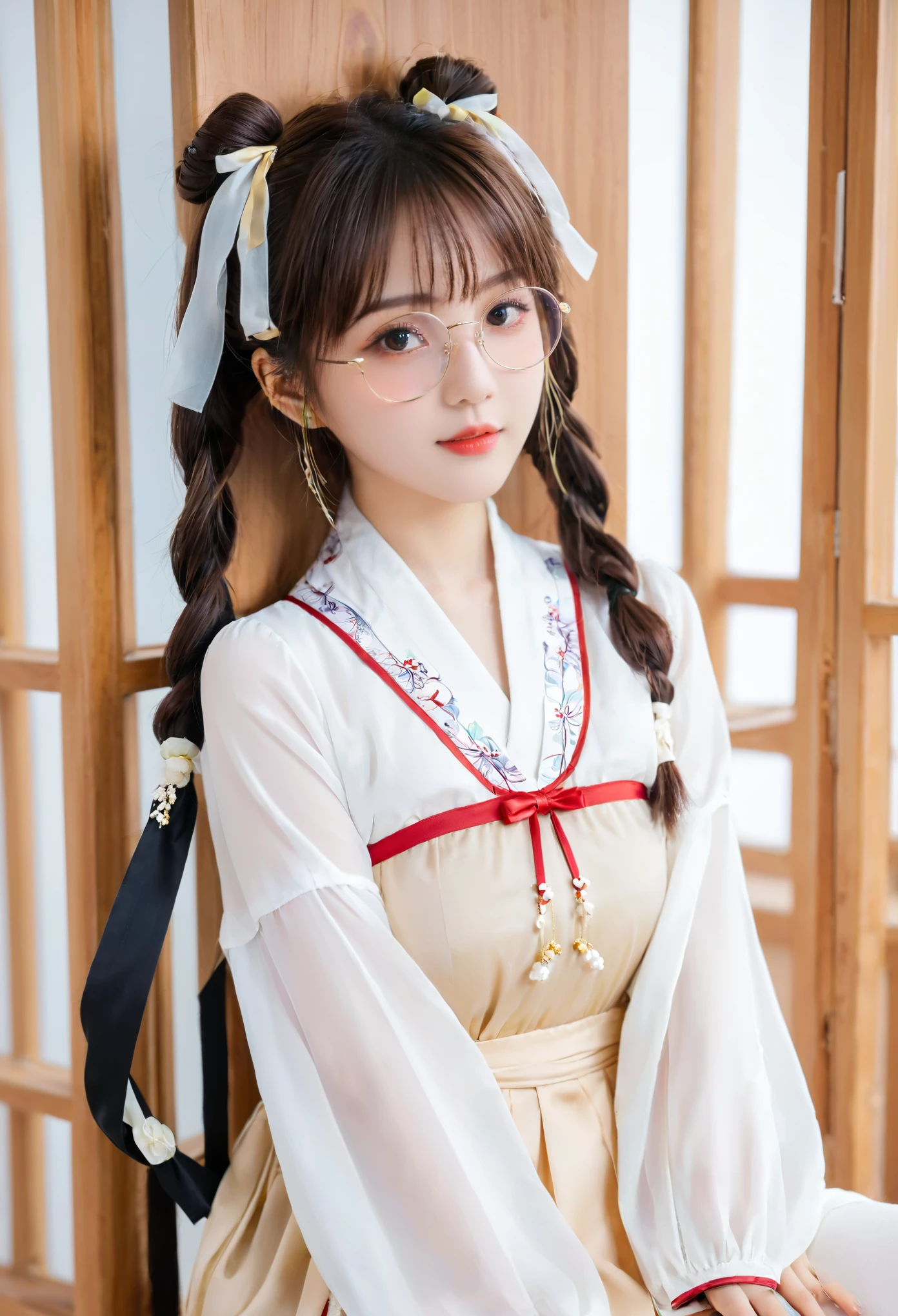 Zhezhi, twintails, glasses, hair ribbon, chinese clothes, white pantyhose,