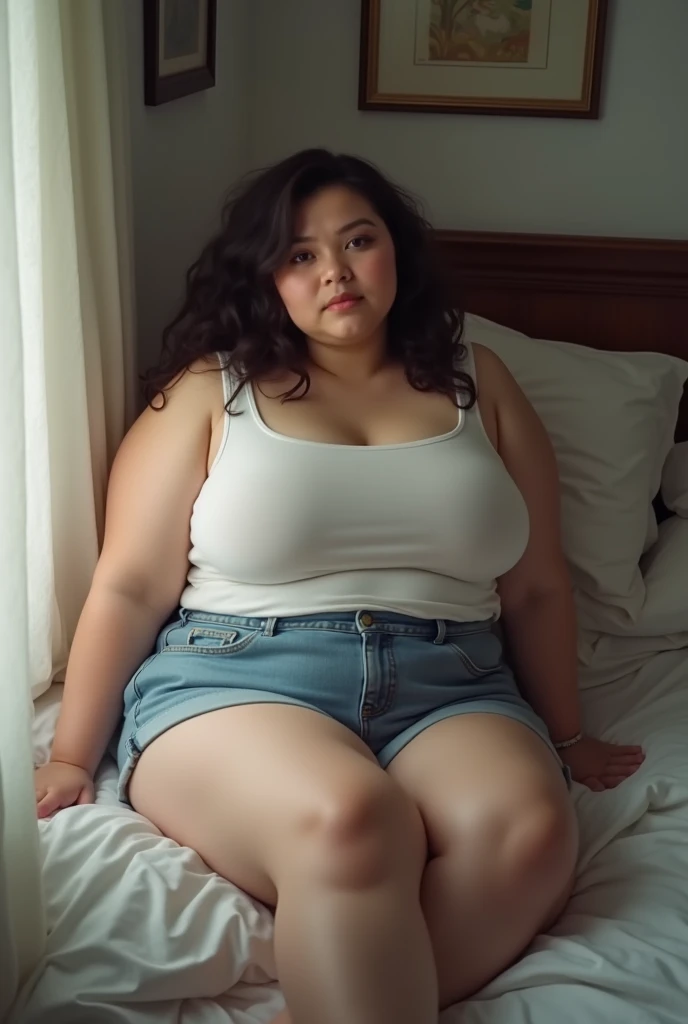 Adolescent teen girl(plump body and big breasts), in white singlet ,short jeans filtered, in bed