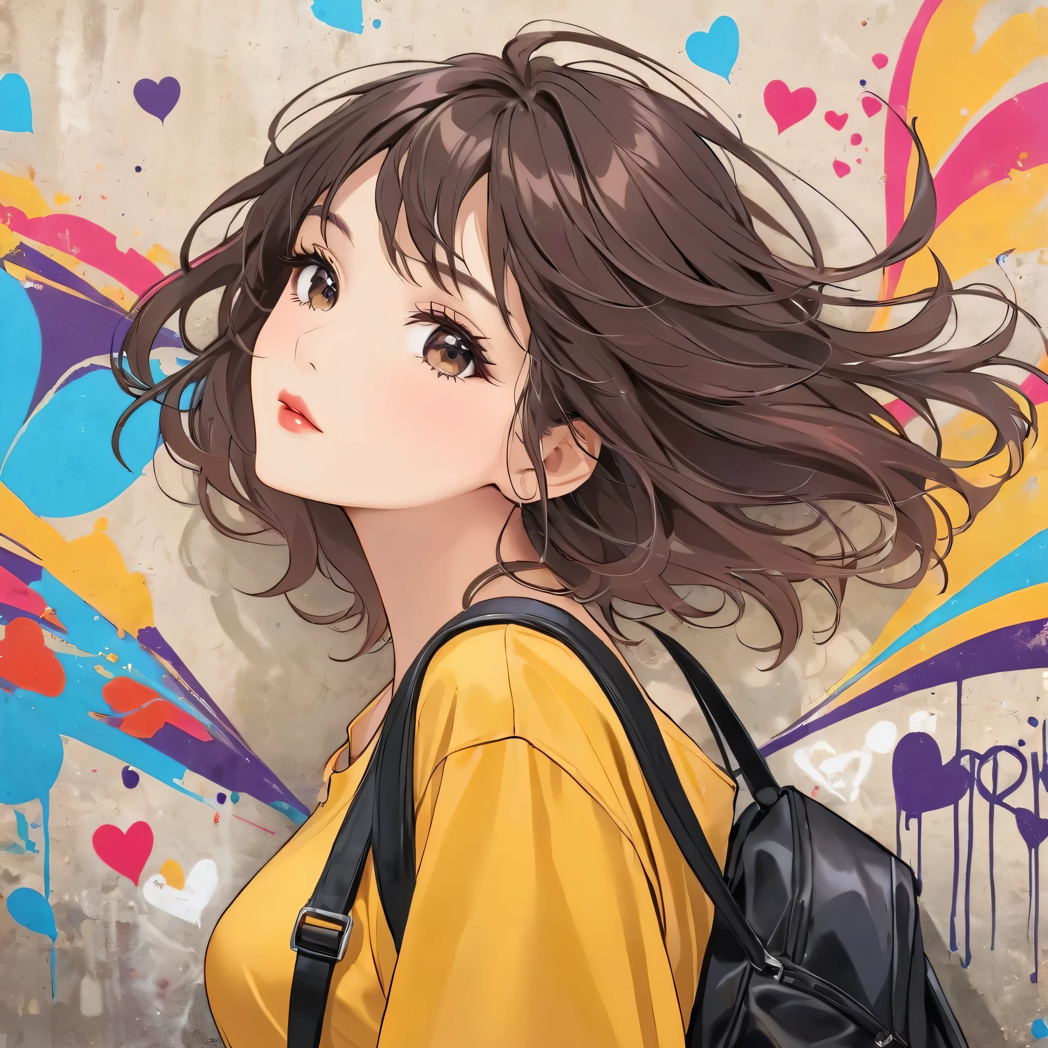 Micho colorful style, Simple Line Initialism,Abstract art,(((The most beautiful girl of all time))), Lips in love, Dark Eyes, Graffiti on the wall, stylish design