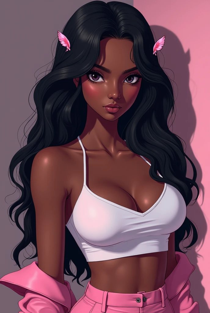 Anime black girl with long hair, hourglass figure, alluring feminine, cute girl aesthetic