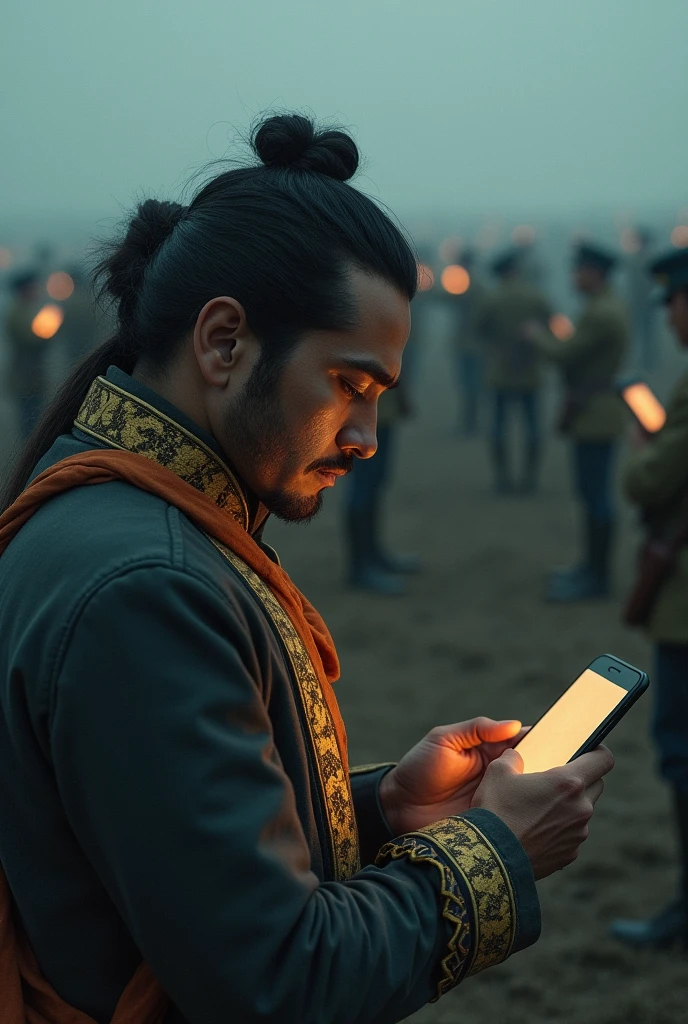 Show Bolívar setting up an Instagram account on his smartphone, with a private profile displaying a mix of modern and historic visuals. Behind him, a battlefield stretches out, with soldiers and civilians interacting with social media, capturing a sense of secrecy and strategy.