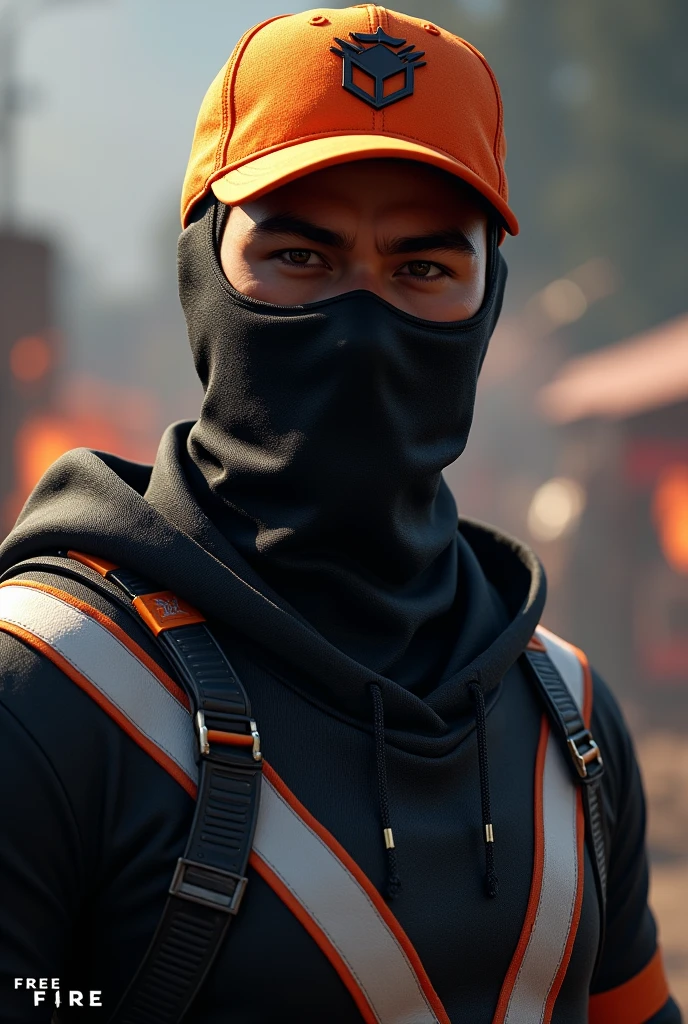 Orange cap black mask black shirt with white stripes free fire