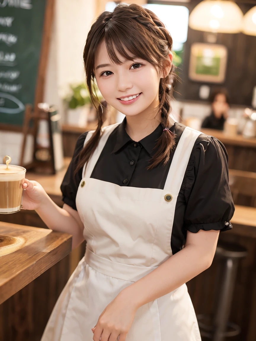 1 girl、(RAW Photos、Highest quality)、(Real、フォトReal:1.4)、Tabletop、Very delicate and beautiful、Very detailed、2k wallpaper、wonderful、Detailed、Very detailedCG Unity 8k壁紙、Super detailed、2、High resolution、(Green waitress outfit)、Long skirt、Frills、ribbon、Soft Light、Beautiful detailed girl、Cafeのウエイトレス、Medium Hair、Braided Hair、Very detailed目と顔、smile、Happy Face、Cafe、coffee shop、Latte Art