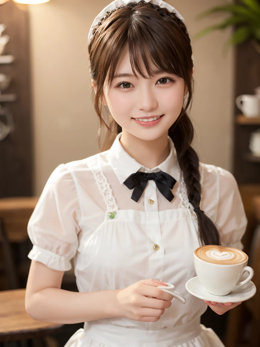 1 girl、(RAW Photos、Highest quality)、(Real、フォトReal:1.4)、Tabletop、Very delicate and beautiful、Very detailed、2k wallpaper、wonderful、Detailed、Very detailedCG Unity 8k壁紙、Super detailed、2、High resolution、(Green waitress outfit)、Long skirt、Frills、ribbon、Soft Light、Beautiful detailed girl、Cafeのウエイトレス、Medium Hair、Braided Hair、Very detailed目と顔、smile、Happy Face、Cafe、coffee shop、Latte Art