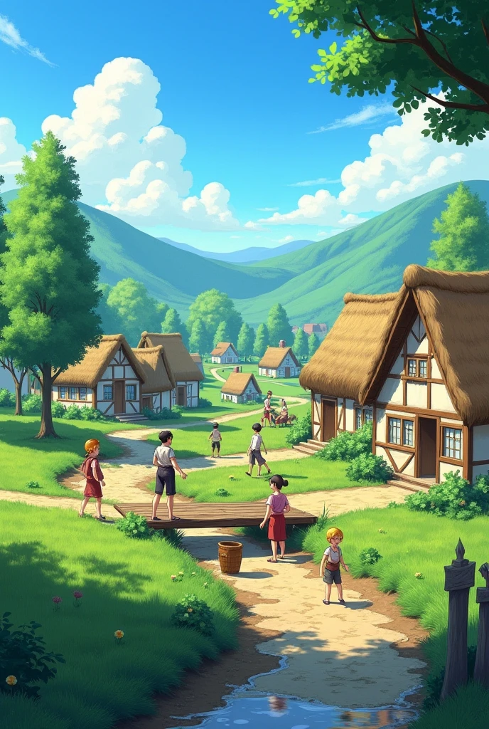 "Create a picturesque village scene during a bright, sunny day. The village should be surrounded by lush green fields and tall trees. Small, thatched-roof houses line a narrow dirt path that winds through the village. In the background, rolling hills rise gently, and a clear blue sky with a few fluffy clouds stretches above. A stream flows gently beside the path, with a wooden bridge crossing over it. Villagers can be seen going about their daily activities, such as children playing, a farmer tending to his field, and women fetching water. The scene should evoke a peaceful, rural atmosphere." Scenery type