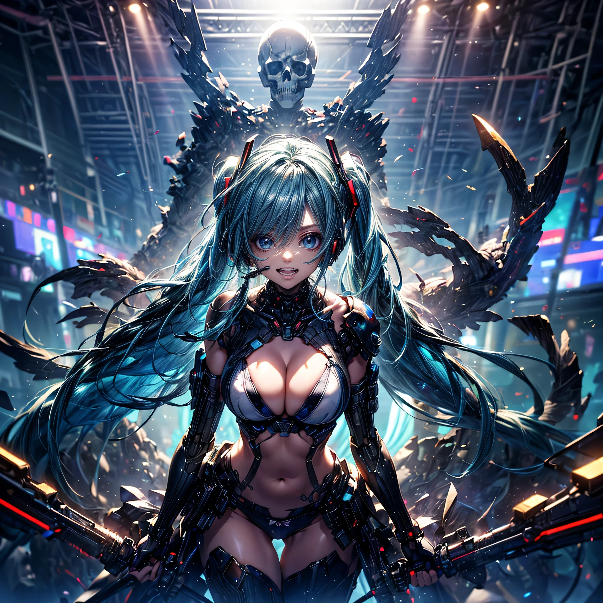 High resolution, Winner of numerous awards, Ultra high definition, Textured skin, retina, 
masterpiece,(bestquality),highlydetailed,ultra-detailed,1girl, （A composition where a girl with giant roboT 1.4）（roboT）(,natural lighting:1.5,confidentexpression),(panorama:1.2),mecha, smile,angle、chrome,raw（Hatsune Miku:1.5）Green hair twintails.(Beautiful large breasts with a nice shape:1.5)(White Cyber Bikini:1.2)(Headset microphone、Enthusiastic singing、smile:1.5)(Cyber Live Stage、online:1.5)(A large crowd behind:1.5)(Leaning forward、Reach out here:1.5)(Skull Face Monster Summon:1.2)