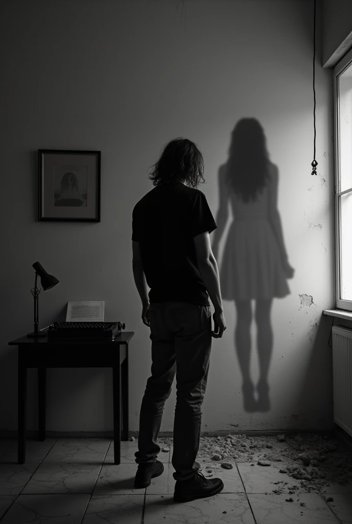 A b&w long shot of a man from behind facing a blank wall. He is wearing a black shirt and is 23 years of age. The man has long messy unkempt hair and is tilting his head facing the wall, mimicking a hanged dead body. He is in a dark,
dilapidated destroyed room with no light. It is a horror setting. The shadow of a girl in the same tilting pose appears much bigger on the wall. Both shadows are seen on the wall illuminated by light off-screen. The man's back is seen while he is facing the wall and the woman's shadow is only seen on the same wall in the same pose. They are tilting their heads. The girl's shadow is of a 
hanged dead body with a tilted head. The girl's  shadow is not on the side but the middle of the wall and appears with a tilted head. The man is 6 feet tall. The wall is not broken and there is a typewriter on a table on the side. There
 is no noose in the shadow. The girl's hands are forming a fist. She is in the same pose as the man. The girl is 25 years of age. The man is close to the wall and the girls shadow comes from behind in the center of the wall. There are empty picture frames on the wall too. The room has a marble floor and a typewriter on a study table with a desk lamp. We only see the man's back facing the wall. He look weak and tired. The shadow is of a young woman with a 
bent neck. Make the room darker and the shadow blurrier. The man's fists are clenched and he is tilting his neck. The girl's shadow is calm with a bent neck at a 90 degree angle. The woman's shadow has long hair
