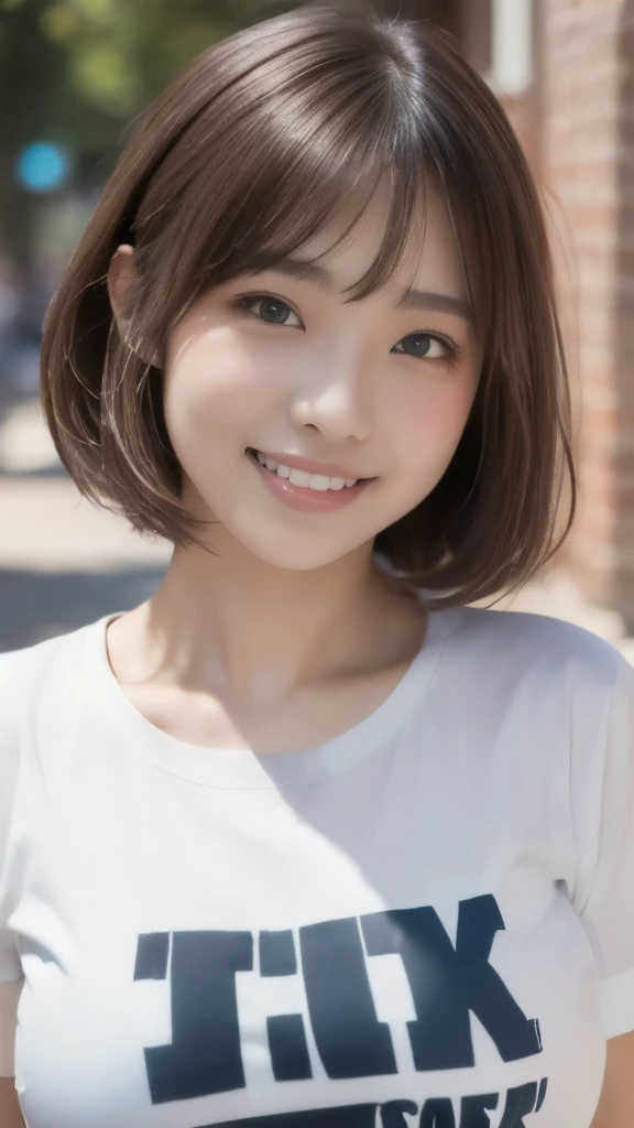 8k,Highest quality,(masterpiece:1.2),(Realistic),(Realistic:1.37),Ultra-high resolution,1 female college student,smile,Beautiful Eyes,Beautiful teeth alignment, In town,(((T-Shirts))),Big Breasts,Perfect body,Perfect Fingers,Professional Lighting,gravure,Detailed face and skin texture,fine grain,RAW Photos