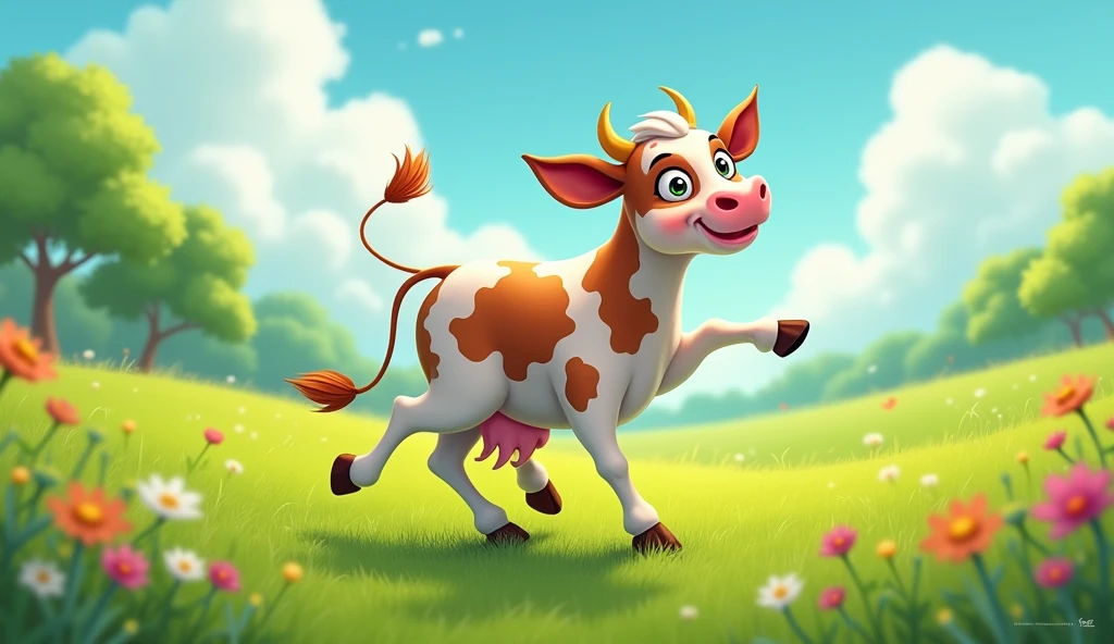 Funny cow dance with green Field