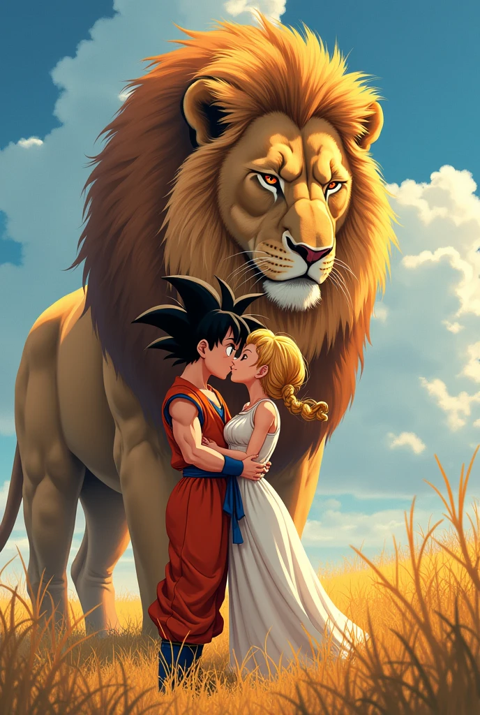Goku and Bulma kiss as a lion