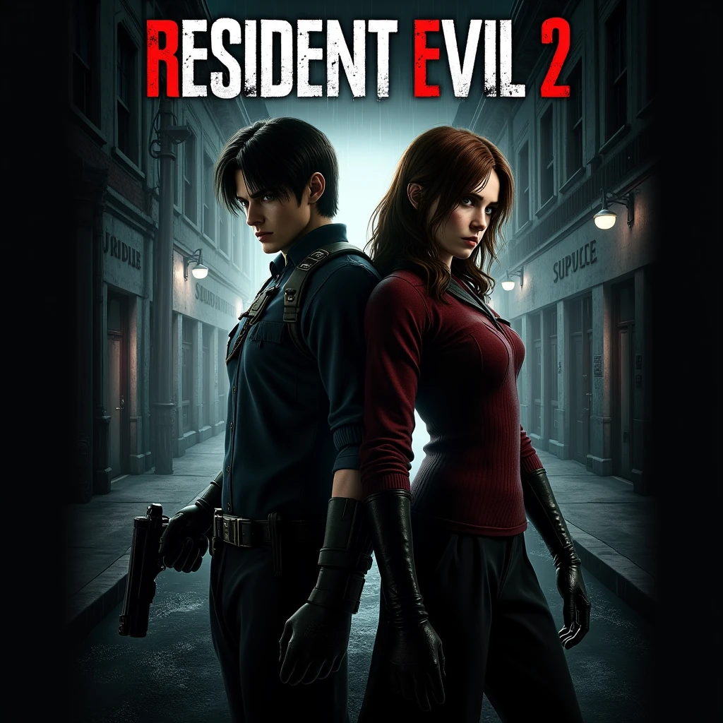 Resident Evil 2 game poster, Game Characters, poster, with "Resident Evil2
" text at the top,In the background, a rainy Raccoon City police station and run-down streets
