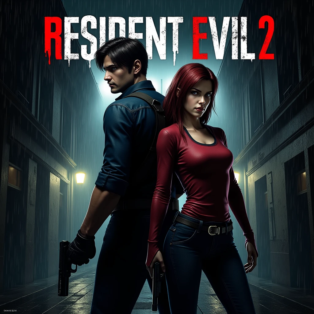 Resident Evil 2 game poster, Game Characters, poster, with "Resident Evil2
" text at the top,In the background, a rainy Raccoon City police station and run-down streets